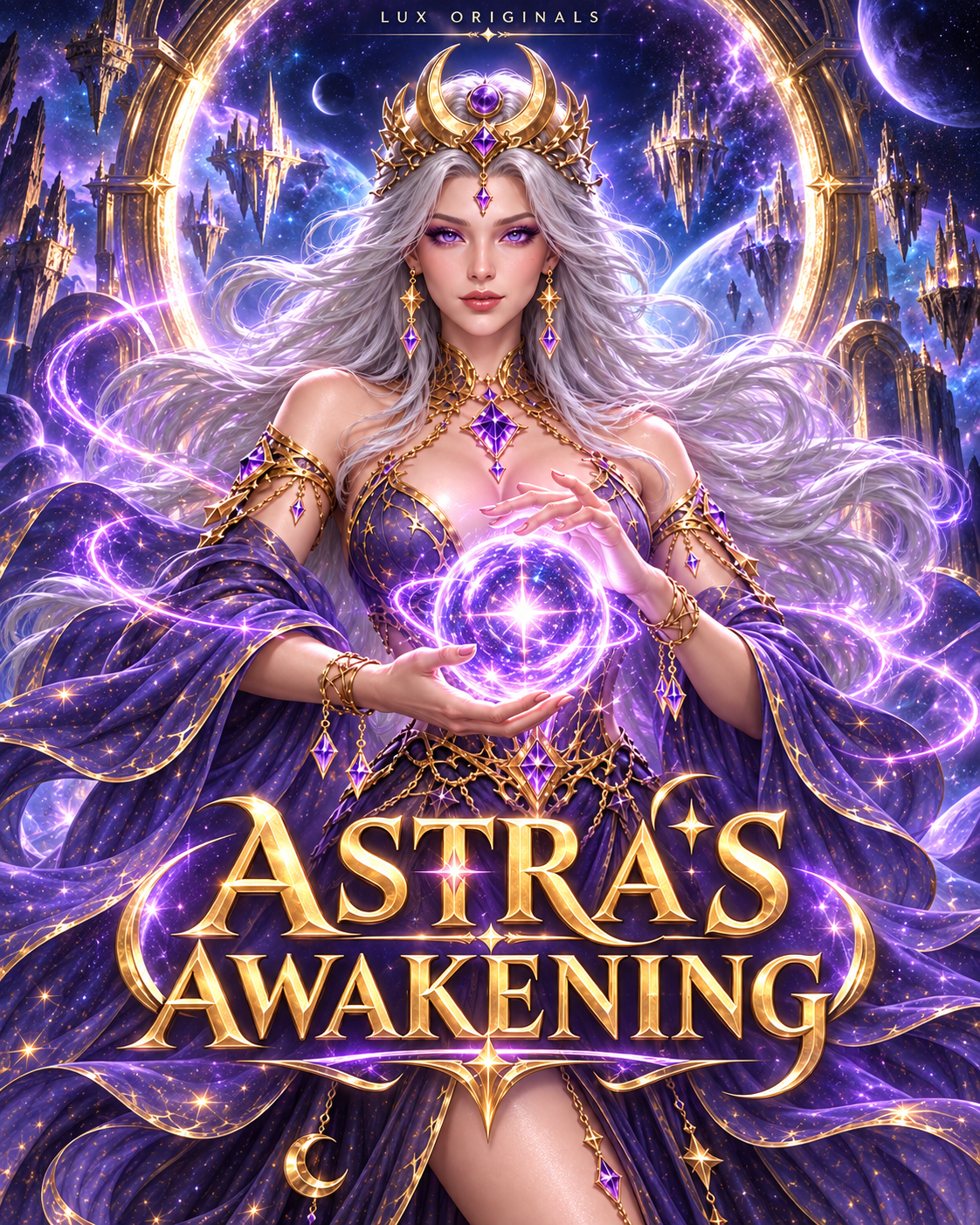 Astra’s Awakening – Astra mit silbernem Haar, violetter Magie und goldenem Spieltitel
